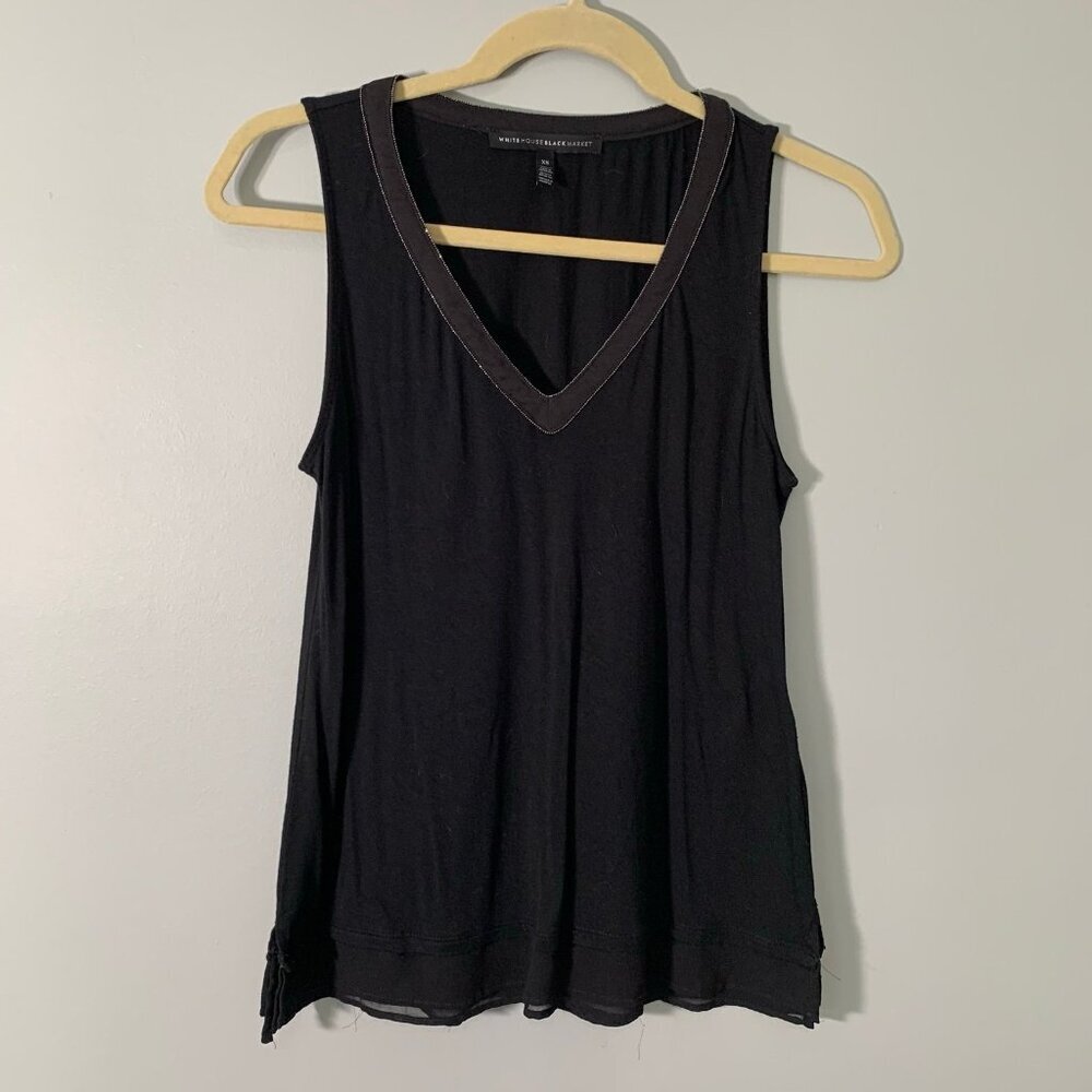 White House Black Market‎ Black V-Neck Sleeveless Top Ball Chain Trim XS